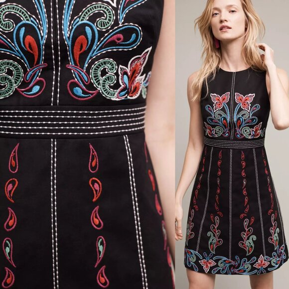 Anthropologie Maeve Chennai Embroidered Paisley Floral Mini Dress Black Size 6 - Picture 2 of 15